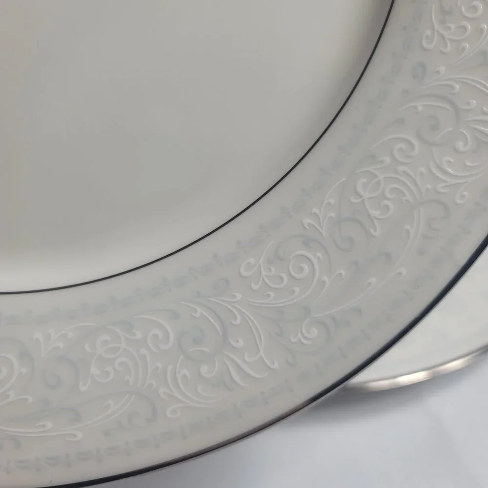 TWO Noritake Trudy Dinner Plates Ivory with Blue & White Scrolls 7087